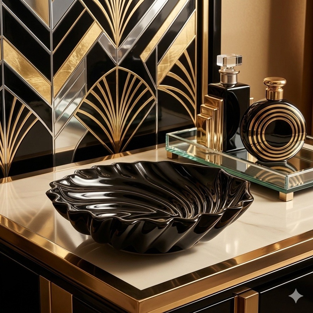 Nalle Black Ceramic Swirl Bowl Art Deco Scalloped Shell Sculpture Signed 9.5in
